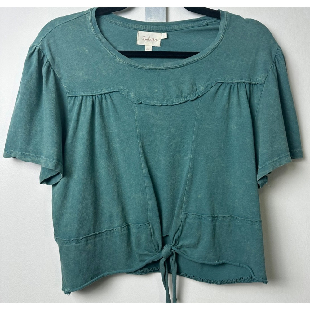 Deletta Anthropologie XL Fitted Green V-Neck Tie Front Shirt Distressed D33